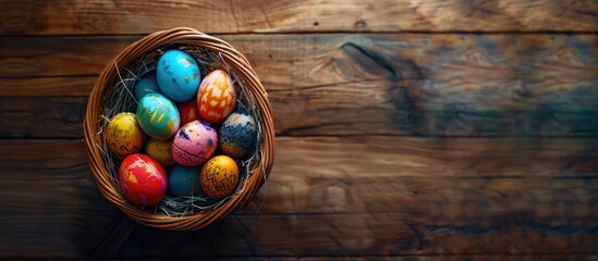 Fototapete - Flat lay with a wicker basket holding colorful Easter eggs on a wooden table leaving room for text in the image. Creative banner. Copyspace image