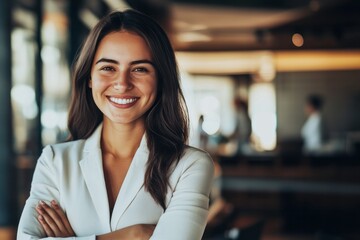 Portrait of a smiling confident young business woman standing with arms crossed in a modern office. a happy beautiful female entrepreneur with her hands folded across her chest