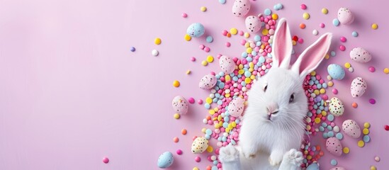 Poster - Top view of an Easter themed composition with a copy space image featuring an empty circle for text an Easter bunny and colorful sugar candy sprinkles on a pastel lilac background conveying the Easte