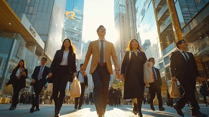 Business people in city walking and travel with commute to work happy corporate group with journey and outdoor Professional businessman and women walk in street with employees travelin : Generative AI