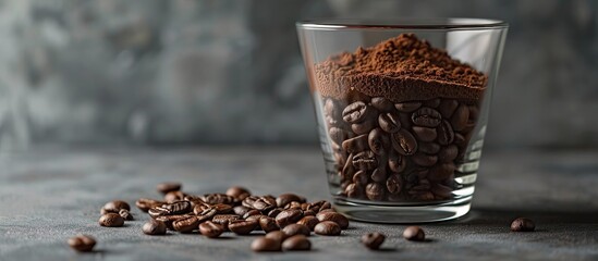 Poster - Glass containing roasted coffee beans and coffee powder with copy space image