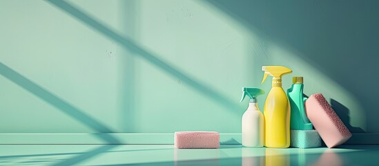 Canvas Print - Maintaining cleanliness in the house involves washing detergent bottles sponges disinfecting the room and cleaning dishes all part of house cleaning and care with a copy space image