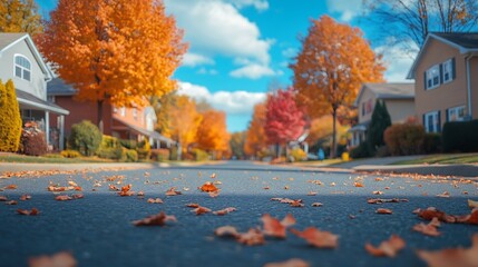 A lowangle view of a colorful Suburban Street in the fall : Generative AI