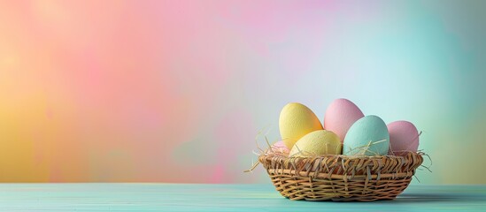 Wall Mural - Pastel colored Easter eggs displayed in a woven basket against a colorful backdrop with copy space image capturing a festive holiday theme