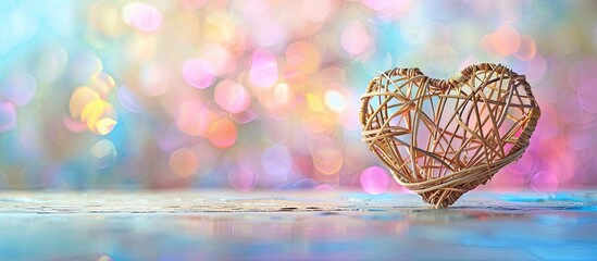 Canvas Print - Heart shaped wicker made of rattan symbolizing love set against a colorfully foiled background with selective focus for a copy space image