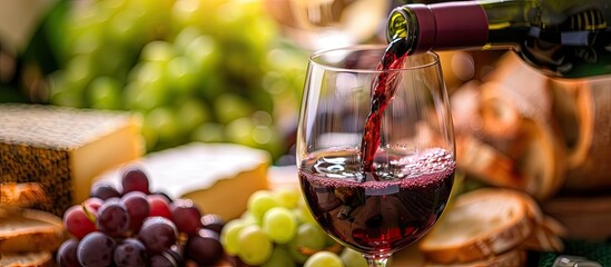 Aufkleber - Selective focus on red wine being poured into a glass at a tasting event with cheese bread grapes and ample copy space image