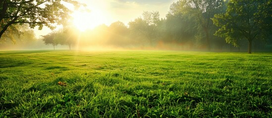 Wall Mural - Scenic green field with a serene morning ambiance as shown in the photograph with copy space image