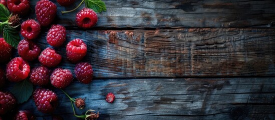 Poster - Top view of ripe raspberries on a wooden background ideal for banners with copy space image Flat lay showcasing the focus on the berries