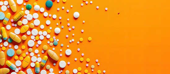 Aufkleber - Variety of pharmaceutical pills and tablets on an orange backdrop with ample space for text creating a vibrant healthcare themed copy space image