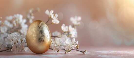 Aufkleber - Selective focus on a pastel background with a golden Easter egg including ample space for text in the image
