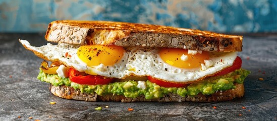Poster - A sandwich with guacamole peppers fried eggs and feta cheese displayed in a copy space image
