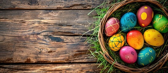 Aufkleber - A top view copy space image of vibrant Easter eggs in a basket on a wooden table among green hay acting as a delightful dietary gift