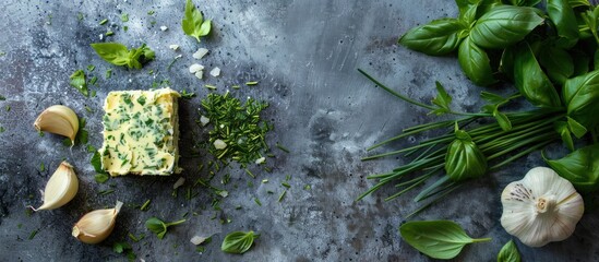 Aufkleber - A herb infused butter featuring chives basil oregano parsley and garlic on a gray backdrop in a top down view with copy space image