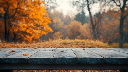 Poster - The empty rustic wooden table for product display with blur background of autumn forest Exuberant image : Generative AI