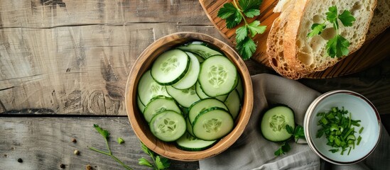 Aufkleber - Table set with a tasty cucumber salad and crisped bread on wooden surface with room for adding text to the copy space image