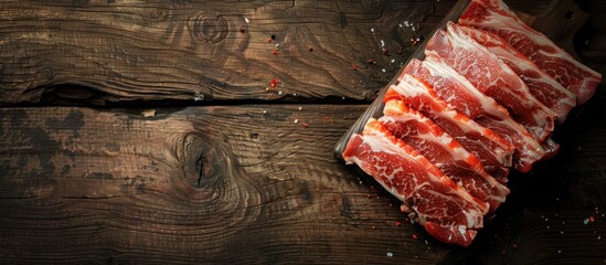 Sticker - Uncooked pork belly slices on a wooden table for Chinese New Year dishes with space for text or images. Creative banner. Copyspace image