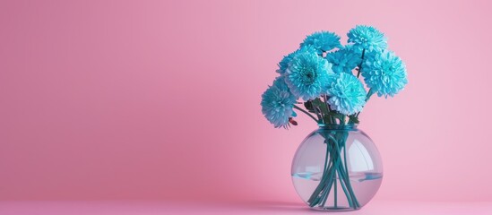 Poster - Pink background sets the stage for a stunning display of blue chrysanthemum flowers in a vase Ample copy space enhances the composition