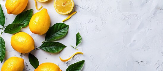 Poster - Top view of fresh lemons with leaves on a white concrete background illustrating the Vitamin C concept for immune defense with ample copy space image included
