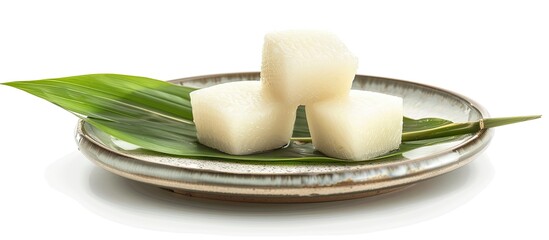 Two zongzies a Chinese dessert displayed on a plate with fresh bamboo leaf set against a plain white background for a copy space image