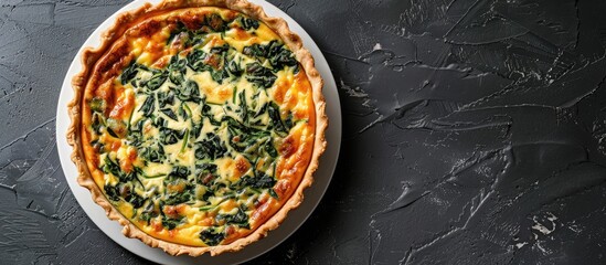 Aufkleber - Top view of a homemade spinach quiche on a white plate against a black background with copy space image available