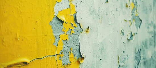 Poster - A pastel toned copy space image of yellow paint being stripped off a cement wall