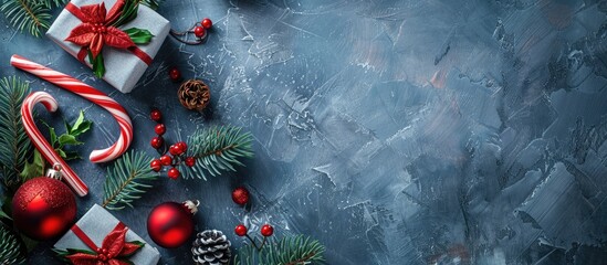 Poster - Top view of festive red Christmas baubles candy cane fir tree branches and gifts against a blue grey monochrome backdrop conveying the essence of Christmas and the winter holidays with a copy space im