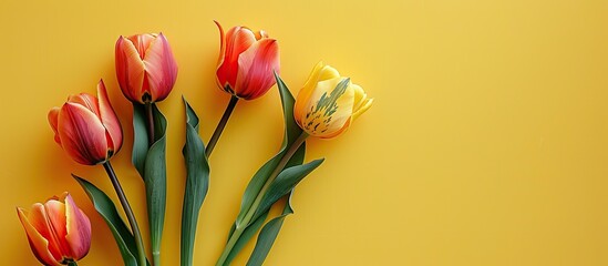 Aufkleber - A retro vintage style greeting card for Mother s Day or Easter featuring tulips on a yellow backdrop with copy space image