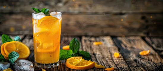 Aufkleber - Refreshing summer cocktail garnished with ice and orange served in a tall glass against a rustic wooden backdrop perfect for a seasonal chilled drink with copy space image