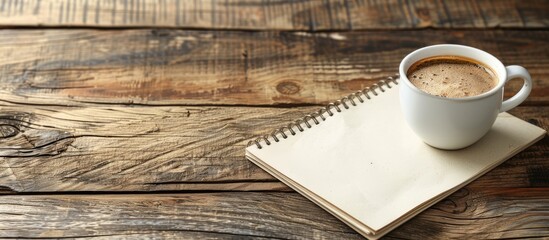 Wall Mural - Office wooden table with a blank notepad and a coffee cup with plenty of copy space for an image