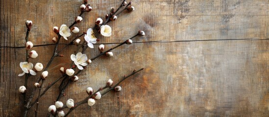 Poster - A picture of blooming willow branches against a wooden backdrop provides ample copy space image