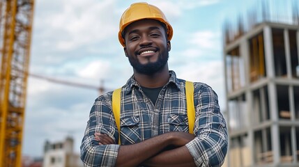 Aufkleber - Architect portrait proud and happy black man real estate developer or property contractor with pride in career Architecture engineering mockup sky or construction worker success with c : Generative AI
