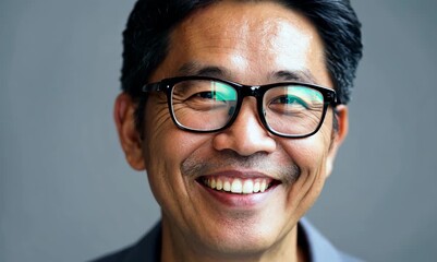 Poster - Portrait of a smiling asian man wearing eyeglasses on grey background