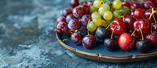 Poster - A plate featuring cherries and grapes with copy space image available