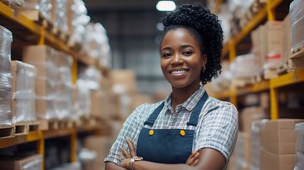Leinwandbilder - Portrait of smiling african american engineer woman order details checking goods and supplies on shelves with goods background in warehouselogistic and business export : Generative AI