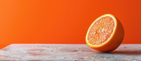 Poster - Orange citrus fruit on a stone table with a plain orange background providing ample copy space for an image