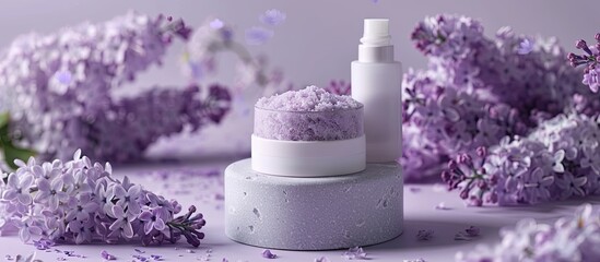 Aufkleber - Studio photography of a cosmetics skin care product presentation with a pumice stone podium and lilac flowers providing a visually appealing copy space image