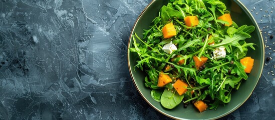 Poster - Salad ingredients beautifully arranged on a green plate symbolizing a healthy eating concept with copy space image