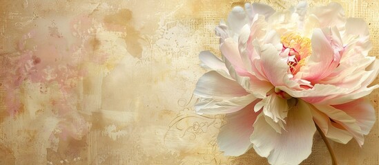 Poster - A single pink and white peony in vintage painting style on a textured golden canvas or paper background with fine art details in a close up macro photograph includes filigree pattern with copy space