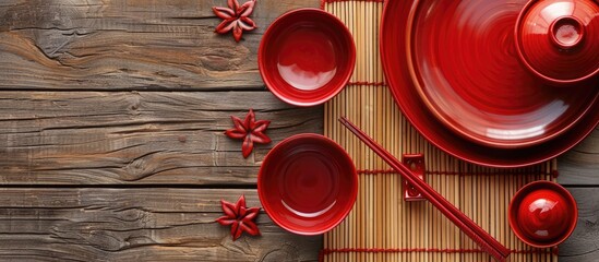 Poster - Japanese kitchenware set of red chopsticks bowls and cup arranged on a bamboo mat and wooden table with copy space image