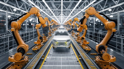 Robotic arms working on a car manufacturing line