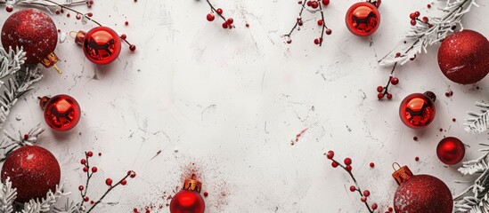 Aufkleber - Festive Chinese New Year concept with red Christmas balls framing a white grunge background creating a Christmas themed frame Ideal for a flat lay mockup with copy space image