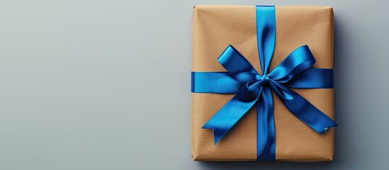 Wall Mural - Single gift box with brown wrapping and blue ribbon on top creating a festive holiday concept The close up top view showcases the present with a plain background and ample copy space image