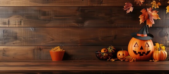 Poster - Modern rustic brown wood desk with jack o lantern pumpkin trick or treat bowl maple leaf ornament perfect for Halloween decoration with a festive copy space image