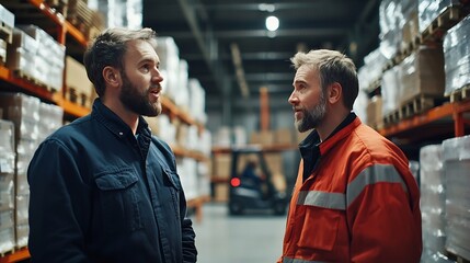 Poster - Forklift driver talking with manager in modern industrial factory Warehouseman reading order order picking Warehouse worker preparing products for shipmennt delivery checking stock in  : Generative AI