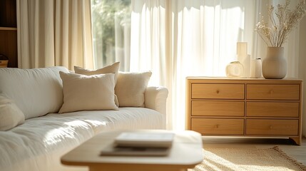 Aufkleber - Light living room with white sofa coffee table chest of drawers and curtains : Generative AI