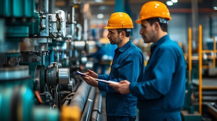 Wall Mural - industrial factory with men at work concept professional engineer foreman inspector talking in business occupation job teamwork with team construction manager working in manufacturing  : Generative AI