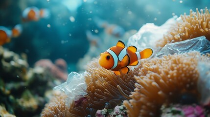 Wall Mural - Beautiful coral reef with sea anemones and clownfish polluted with plastic bag  environmental protection concept : Generative AI