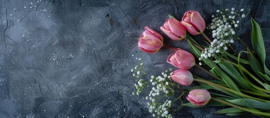 Fototapete - Stylish gray stone backdrop showcasing a bouquet of pink tulips and white gypsophila for Mother s Day or birthdays perfect for custom text Ideal for a copy space image