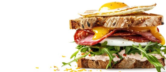 Poster - Sandwich with salami arugula cheese and egg on rye bread on a white background for toning with copy space image