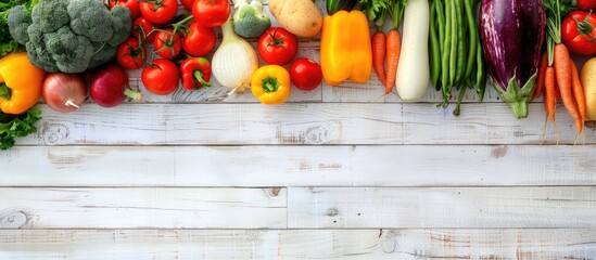 Canvas Print - Fresh organic vegetables and delicious cuisine displayed on a white wooden plank with a copy space image